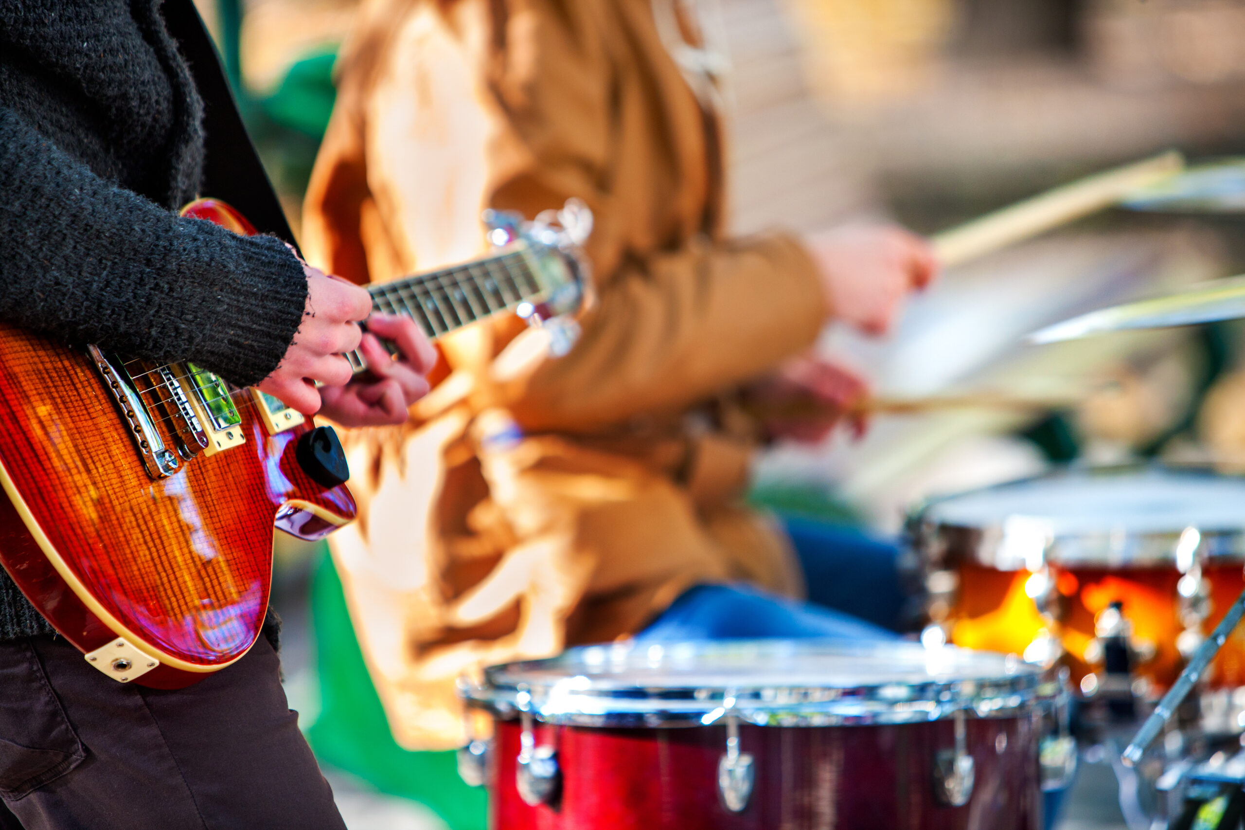 Festival Music Band. Friends Playing On Percussion Instruments City Park.